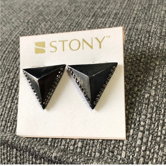 Black 3D Stony Triangle Earrings with Black Rhinestone Detail - Picture 5 of 7